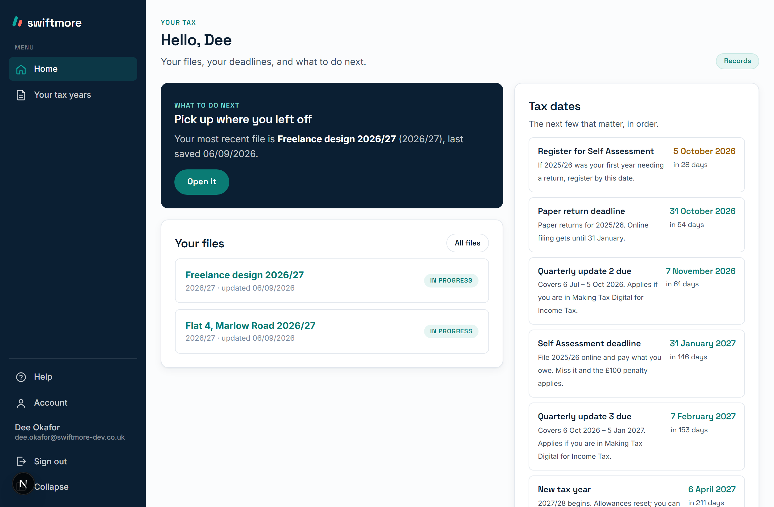 The swiftmore home screen with the tax dates list: quarterly update 2 due 7 November 2026, quarterly update 3 due 7 February 2027, and the Self Assessment deadline, each counted down in days.